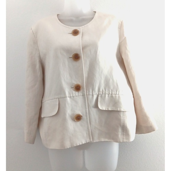 Kasper Spring Women Blazer Size 14 Ivory Linen Boxy Career Old Money Lightweight - Picture 1 of 14
